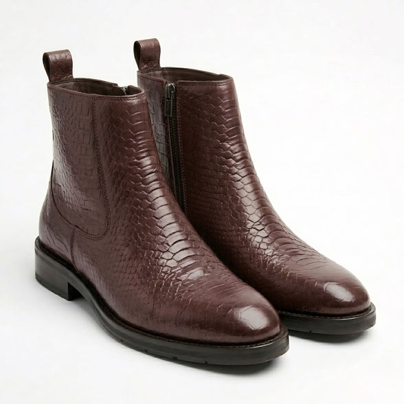 Azuro Milania Brown Croc Embossed Leather Chelsea Boots for Men