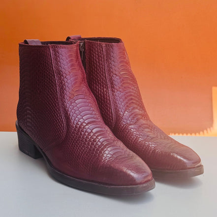 Azuro Milania Cherry Red Croc Embossed Leather Chelsea Boots for Men