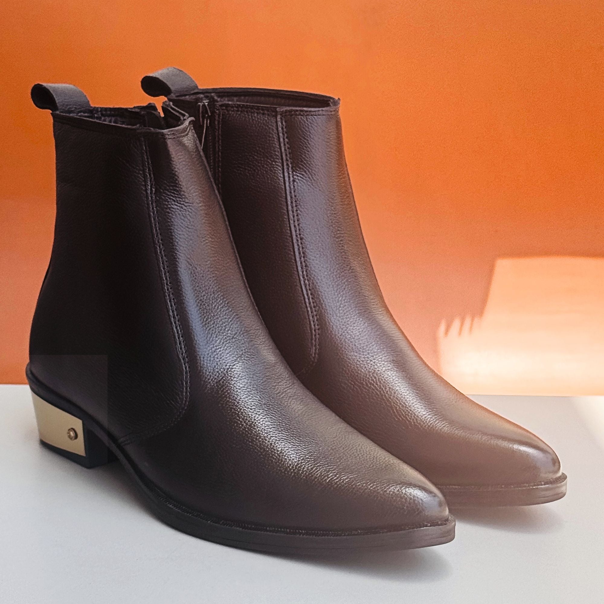 Azuro Milania Brown Chelsea Zipper Boots for Men — Metal Heel Ankle Boots