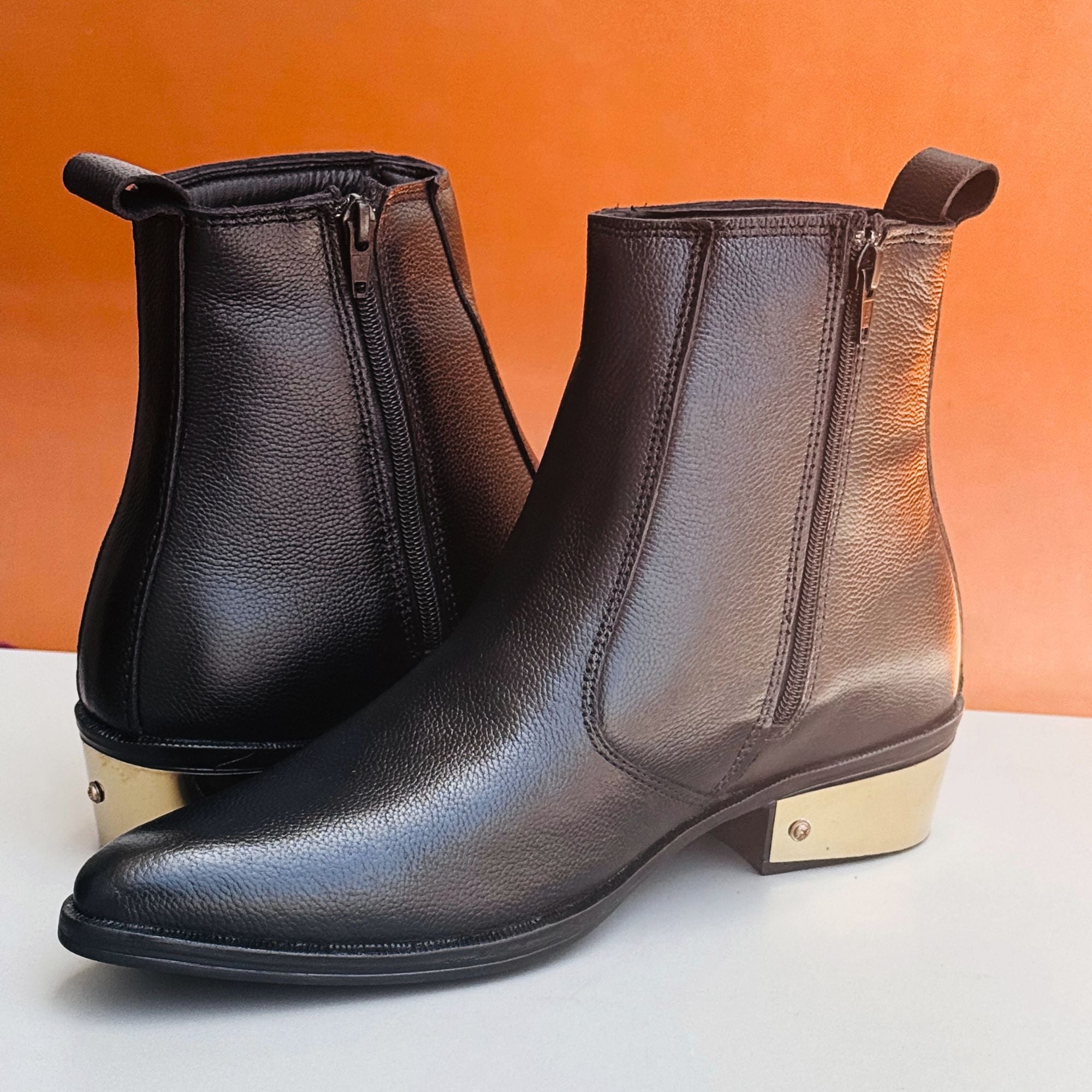 Azuro Milania Brown Chelsea Zipper Boots for Men — Metal Heel Ankle Boots