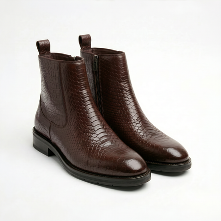 Azuro Milania Brown Croc Embossed Leather Chelsea Boots for Men