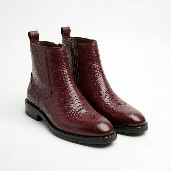 Azuro Milania Cherry Red Croc Embossed Leather Chelsea Boots for Men