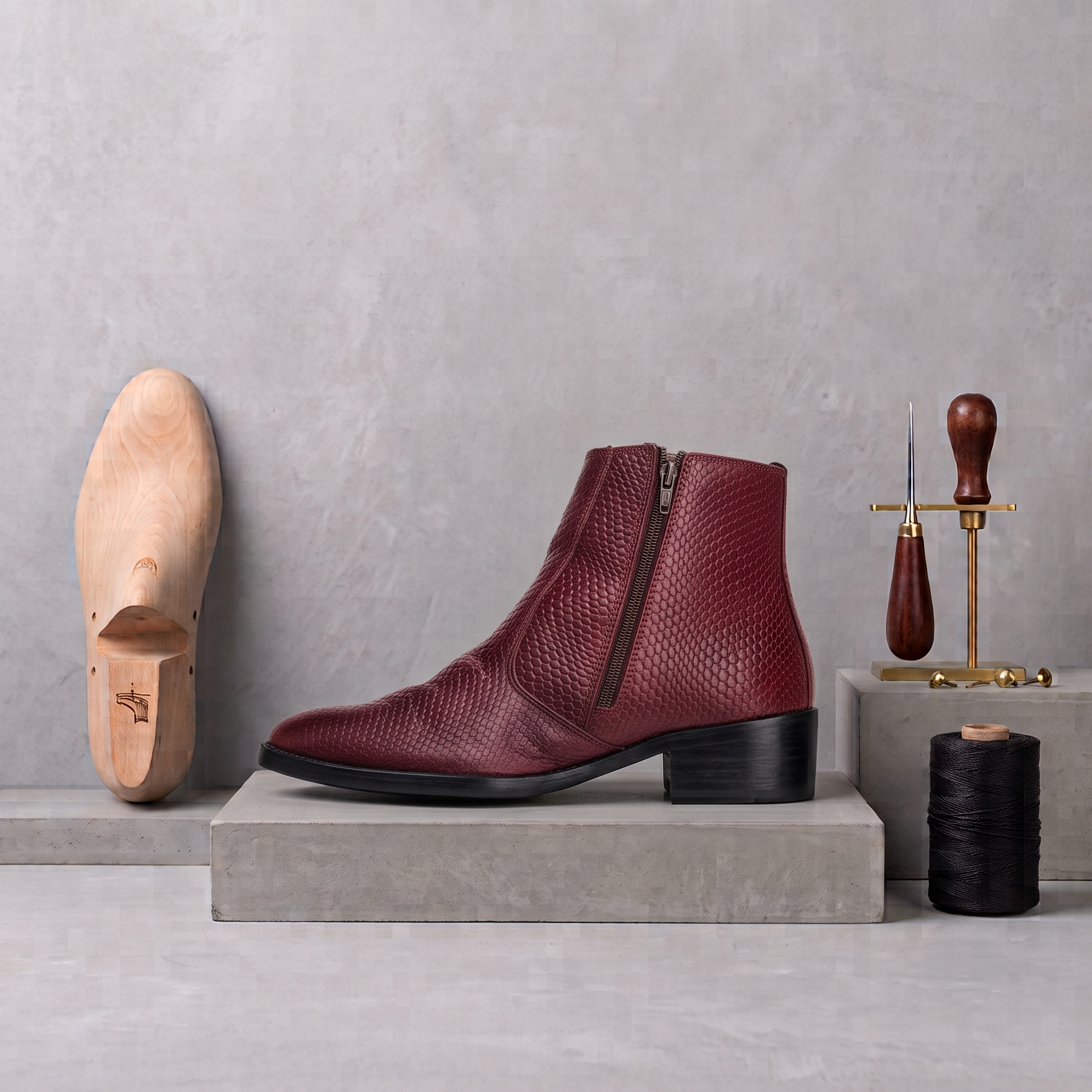 Azuro Milania Cherry Red Croc Embossed Leather Chelsea Boots for Men
